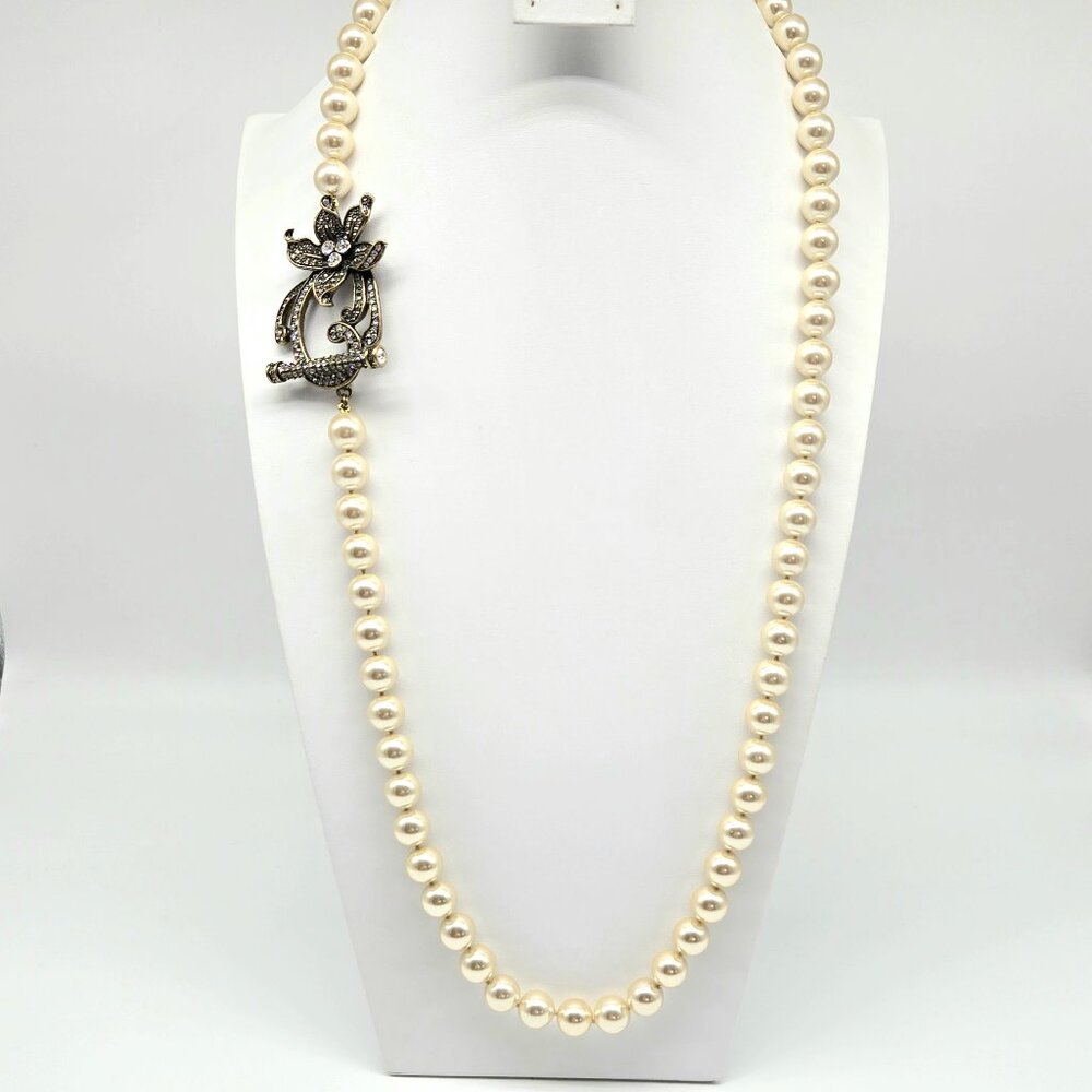 Heidi Daus Crystal Orchid Brooch Clasp 36" Opera Pearl Necklace 12mm Glass Pearl